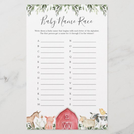 Papier Sur Le Jeu De Course Du Nom Du Baby shower Agricol (Devant)