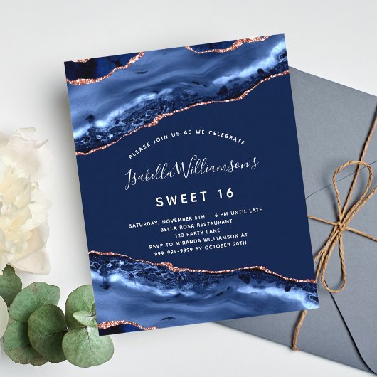 Papier Sweet 16 agate marine bleu rose or invitation