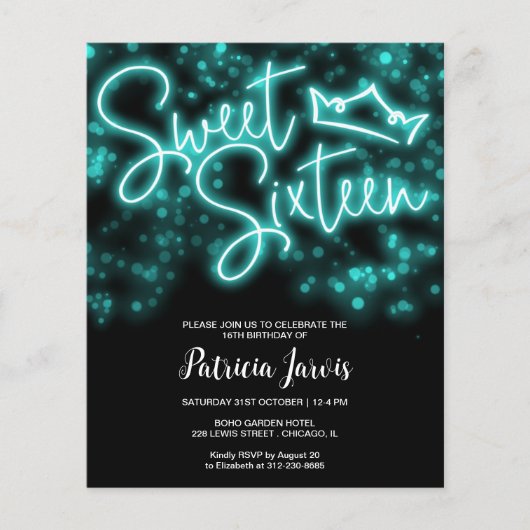 Papier Sweet 16 Anniversaire Turquoise Neon Glow Budget I (Devant)