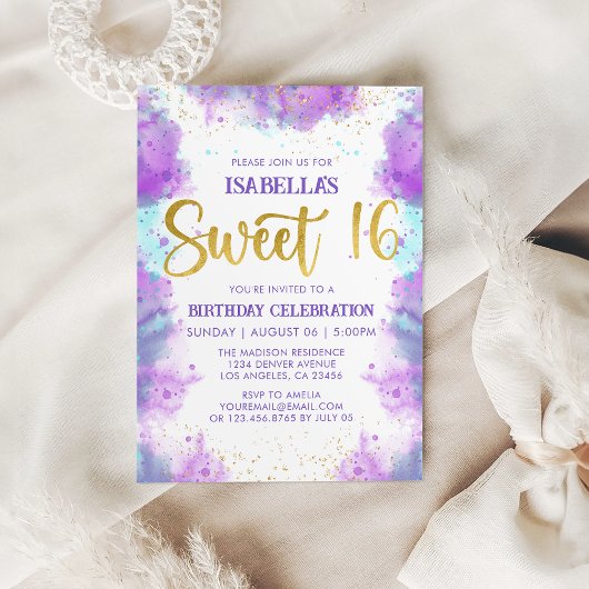 Papier Sweet 16 Aquarelle Purple Gold Invitation