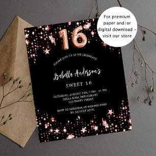 Papier Sweet 16 Black rose or étoiles invitation