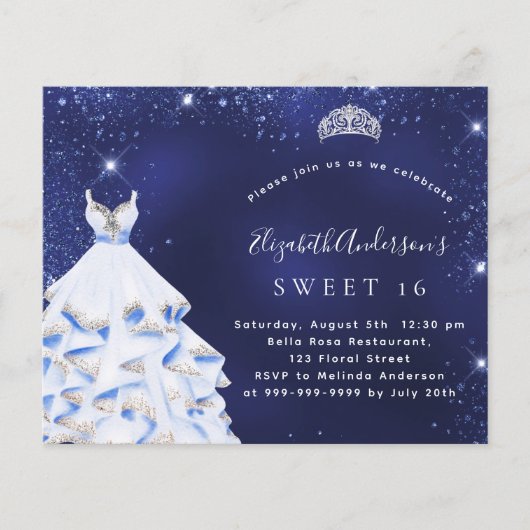 Papier Sweet 16 bleu argent robe budget invitation (Devant)