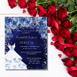 Papier Sweet 16 bleu marine robe floral budget invitation<br><div class="desc">Une invitation moderne, élégante et glamour pour une fête Sweet 16, 16e anniversaire. Un arrière - plan de marine avec des étincelles de parties scintillant faux argent, une robe et des roses bleus, des fleurs. La couleur bleue de l'arrière - plan est inégale. Le nom est écrit avec un script...</div>