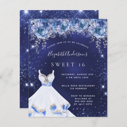 Papier Sweet 16 bleu marine robe invitation florale (Devant / Derrière)