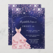 Papier Sweet 16 bleu marine robe rose invitation (Devant / Derrière)