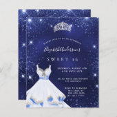 Papier Sweet 16 bleu marine robe tiara invitation (Devant / Derrière)