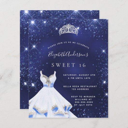Papier Sweet 16 bleu marine robe tiara invitation (Devant / Derrière)