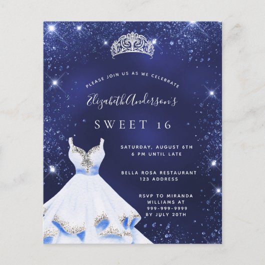 Papier Sweet 16 bleu marine robe tiara invitation (Devant)