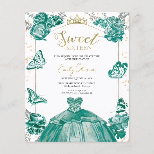 Papier Sweet 16 Budget Invitation Emerald Green Butterfly (Devant)