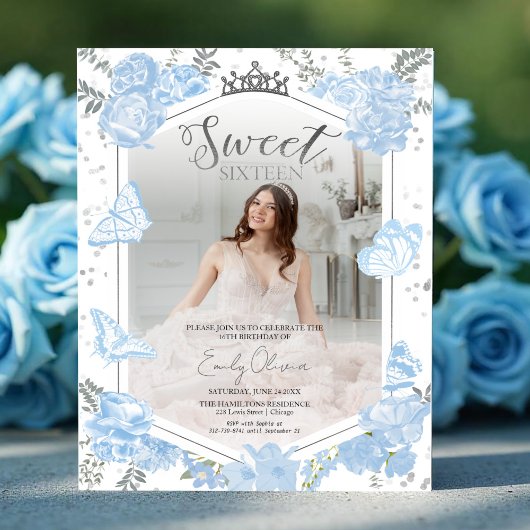 Papier Sweet 16 Budget Photo Invitation Papillon Bleu