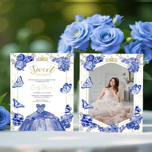 Papier Sweet 16 Budget Photo Invitation Papillon Bleu
