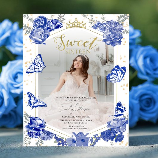 Papier Sweet 16 Budget Photo Invitation Papillon Bleu