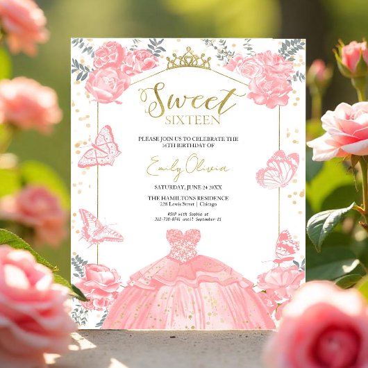 Papier Sweet 16 Budget Photo Invitation Papillon rose