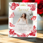Papier Sweet 16 Budget Photo Invitation Papillon rouge<br><div class="desc">Célébrez votre Sweet 16 de la manière la plus enchanteresse! Nos invitations à la couleur de l'eau rouge fleuri, ornées de papillons appétissants, donnent le ton d'une célébration fantaisiste. Complétez-les avec notre confetti spectaculaire pour une pop joyeuse! Transformez votre fête en une fleur euphorique et créez des souvenirs aussi colorés...</div>