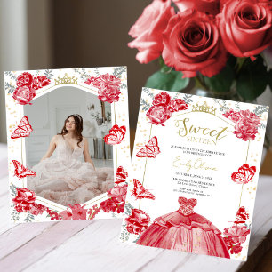 Papier Sweet 16 Budget Photo Invitation Papillon rouge