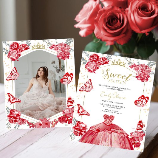 Papier Sweet 16 Budget Photo Invitation Papillon rouge