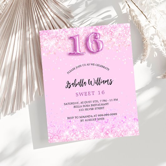 Papier Sweet 16 confetti rose fille invitation budget