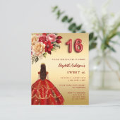 Papier Sweet 16 fleurs de robe rouge or invitation rose (Debout devant)
