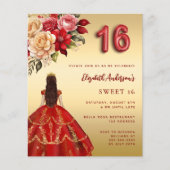 Papier Sweet 16 fleurs de robe rouge or invitation rose (Devant)