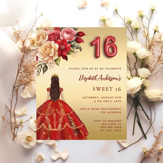Papier Sweet 16 fleurs de robe rouge or invitation rose
