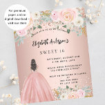 Papier Sweet 16 fleurs d'or roses robe budget invitation<br><div class="desc">Une invitation moderne, élégante et glamour pour une fête Sweet 16, 16e anniversaire. Un arrière - plan rose en or avec des fleurs roses rousses, une fille portant une robe de bal. Le nom est écrit avec un script de style moderne écrit à la main. Personnalisez et ajoutez les détails...</div>