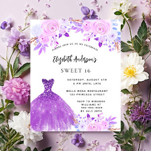 Papier Sweet 16 fleurs rose violet invitation robe