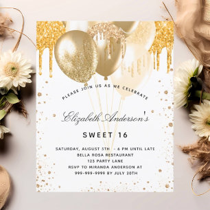 Papier Sweet 16 invitation ballons d'or blanc doux