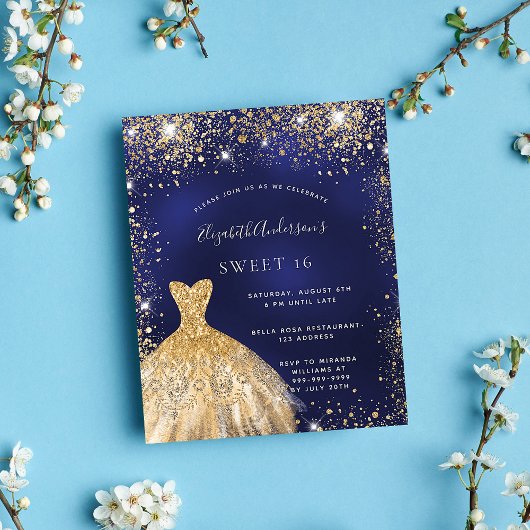 Papier Sweet 16 marine bleu or robe invitation
