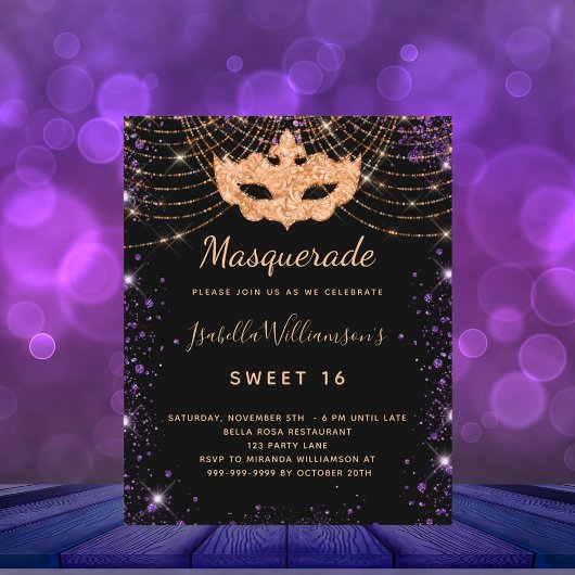Papier Sweet 16 mascarade noir violet invitation budget