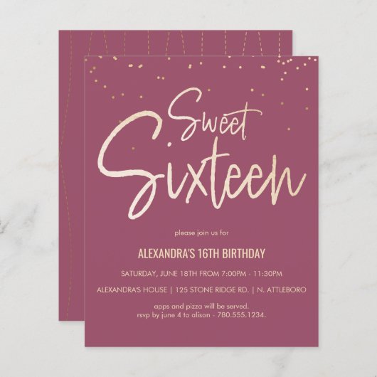 Papier Sweet 16 Or, Élégant, Invitation simple (Devant / Derrière)
