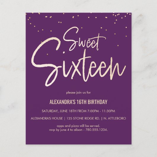 Papier Sweet 16 Or, Élégant, Invitation simple (Devant)