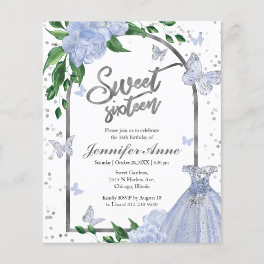 Papier Sweet 16 Papillons Dusty Blue Budget Invitation (Devant)