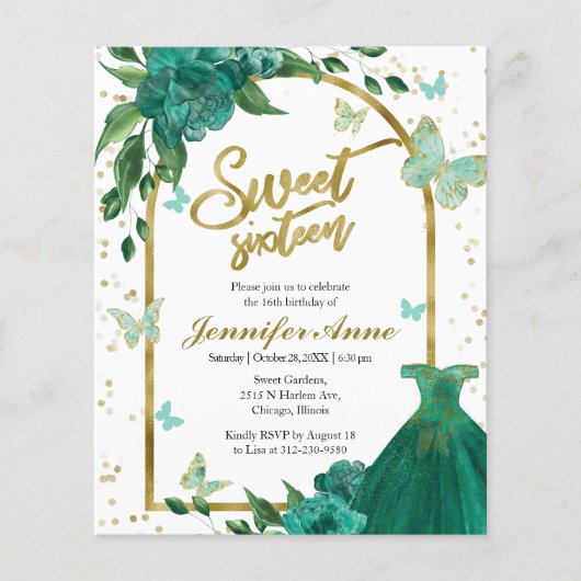 Papier Sweet 16 Papillons Green Budget Invitation (Devant)