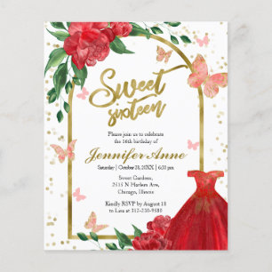 Papier Sweet 16 Papillons Rouge Budget Invitation