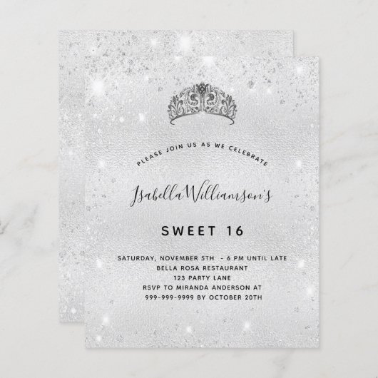 Papier Sweet 16 parties scintillant argent invitation tia (Devant / Derrière)