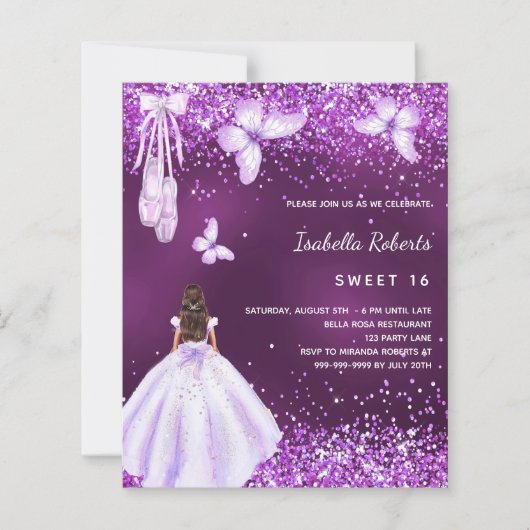 Papier Sweet 16 robe de ballerine violette invitation (Devant)