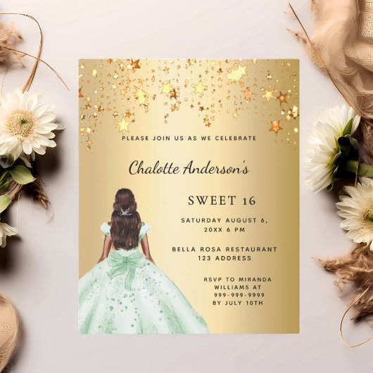 Papier Sweet 16 robe d'or vert étoiles invitation