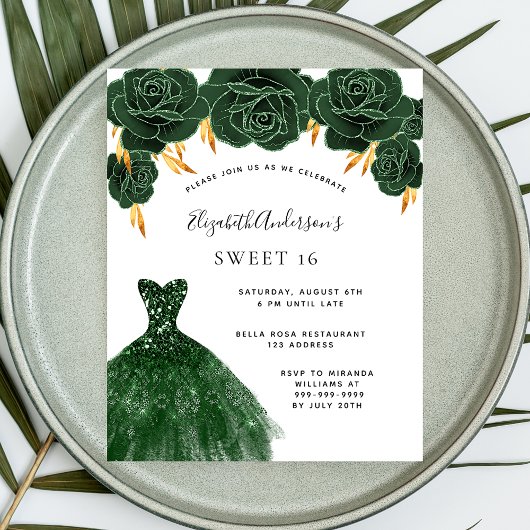 Papier Sweet 16 robe d'or vert invitation budget floral