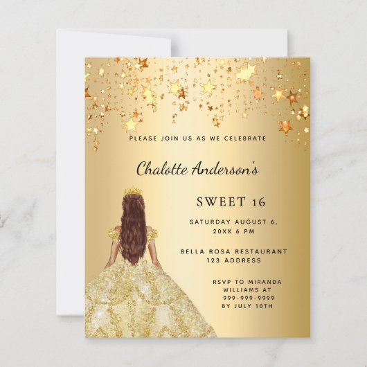 Papier Sweet 16 robe or étoiles invitation (Devant)