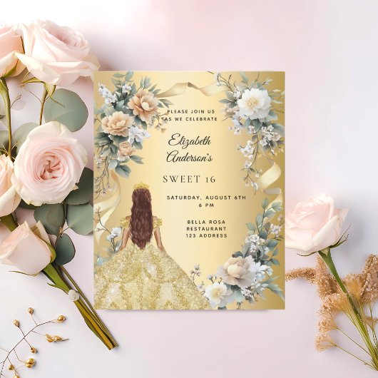 Papier Sweet 16 robe or jaune florales invitation