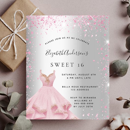 Papier Sweet 16 robe rose argent invitation budget