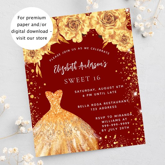 Papier Sweet 16 robe rouge or invitation rose
