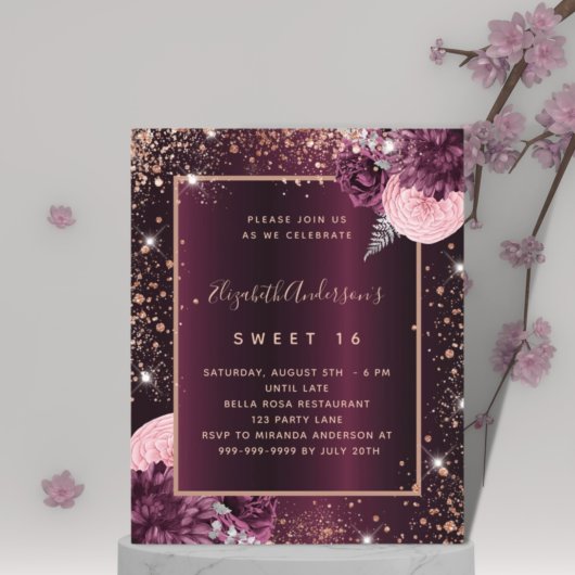 Papier Sweet 16 rose bordeaux invitation florale or 