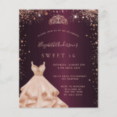 Papier Sweet 16 rose bordeaux or robe tiara invitation (Devant)