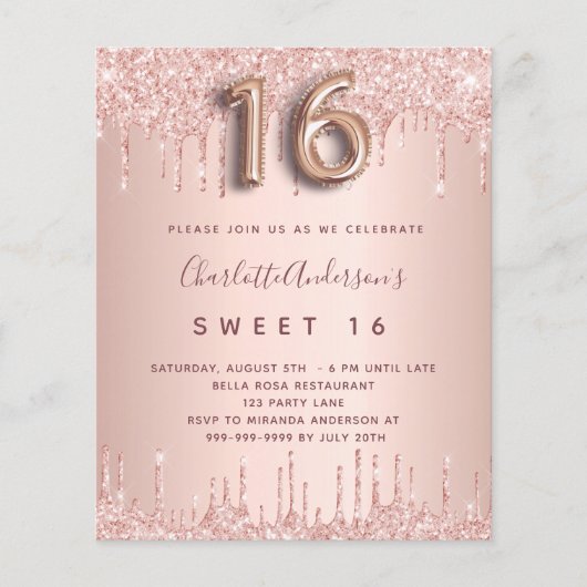 Papier Sweet 16 rose invitation rose or (Devant)
