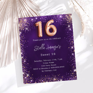 Papier Sweet 16 rose violet invitation en or