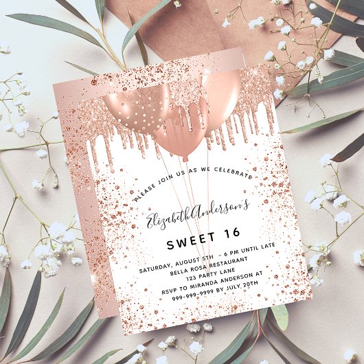 Papier Sweet 16 roses or blush ballons invitation