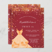 Papier Sweet 16 rouge or parties scintillant robe invitat (Devant / Derrière)