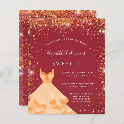 Papier Sweet 16 rouge or parties scintillant robe invitat (Devant / Derrière)
