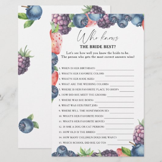 Papier Sweet berry - Qui connaît la mariée meilleur jeu (Devant / Derrière)